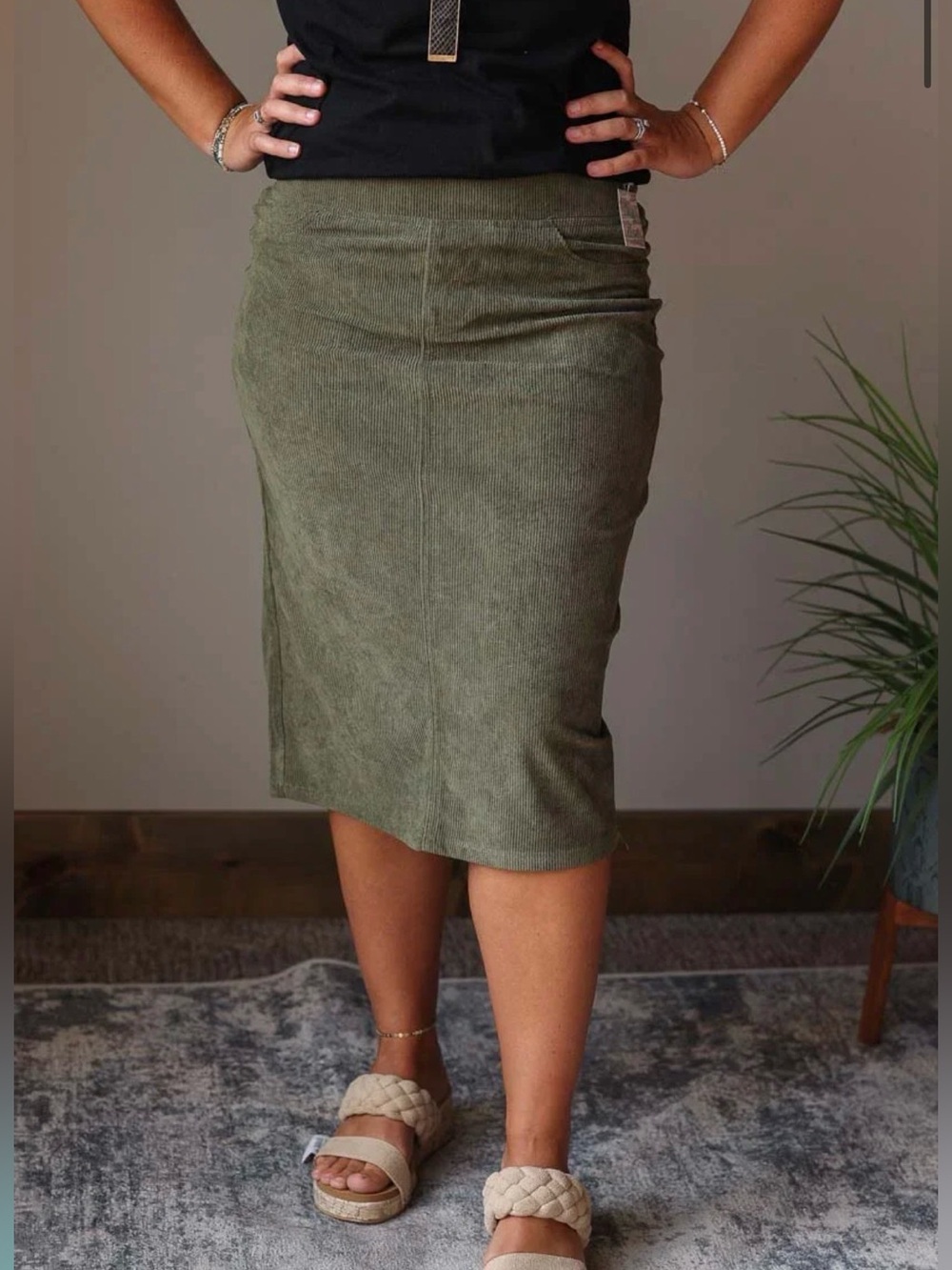 BE Girl Moss Olive Green Women's Corduroy pencil Skirt Elastic Waist size Xl